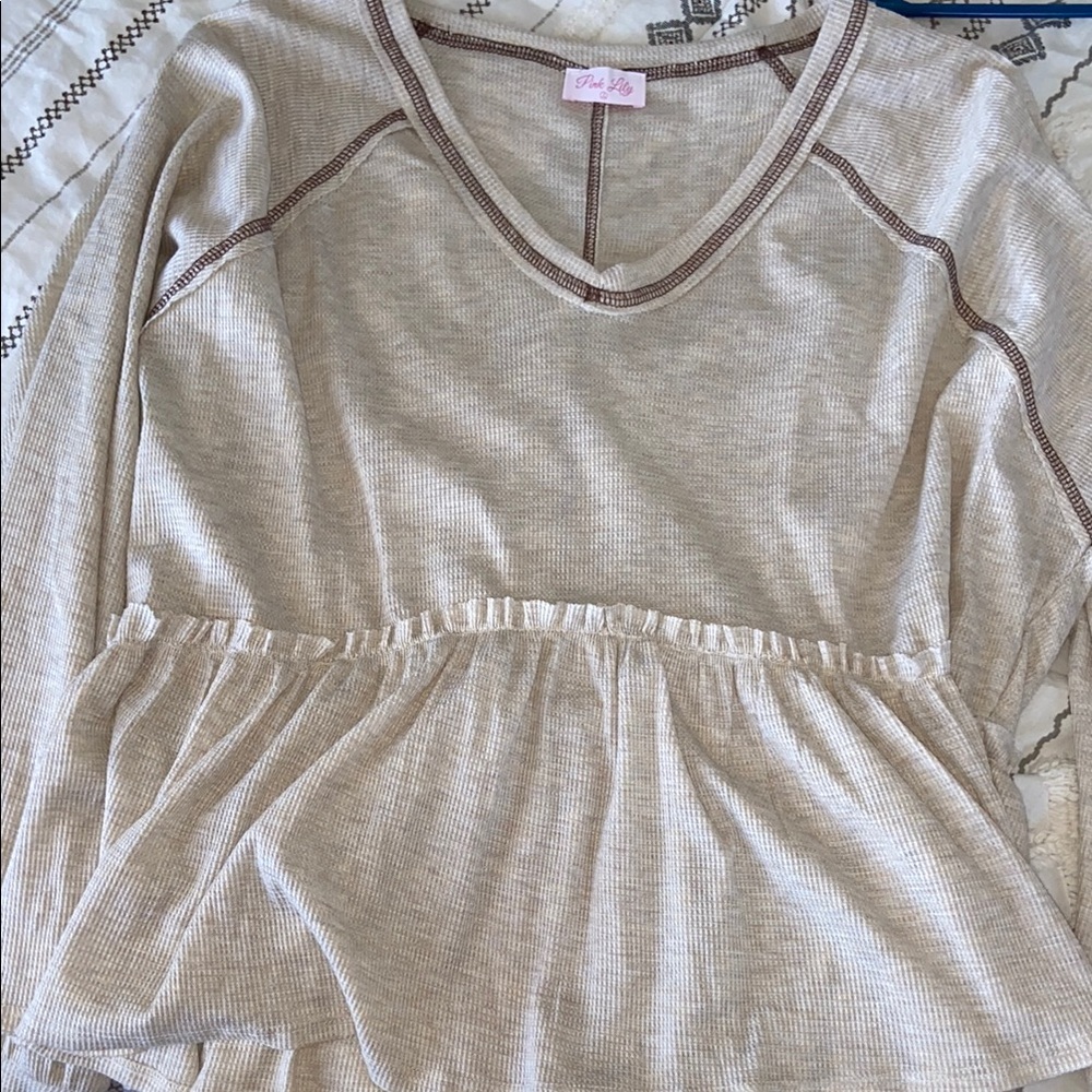 Pink Lily Tan Peplum Long Sleeve Top